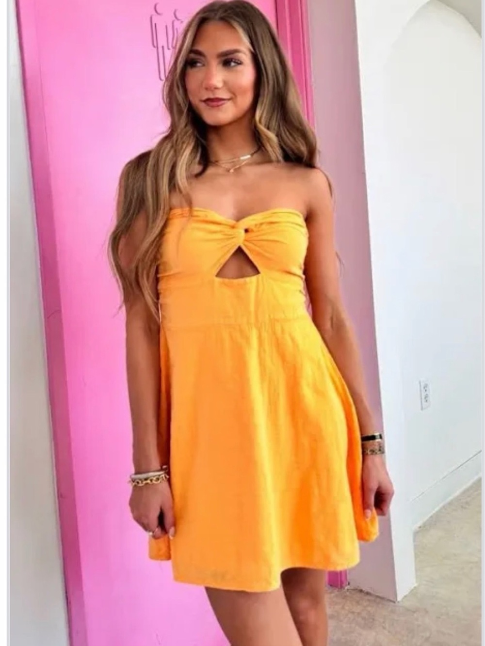 Strapless Orange Mini Dress with Front Knot and Cutout